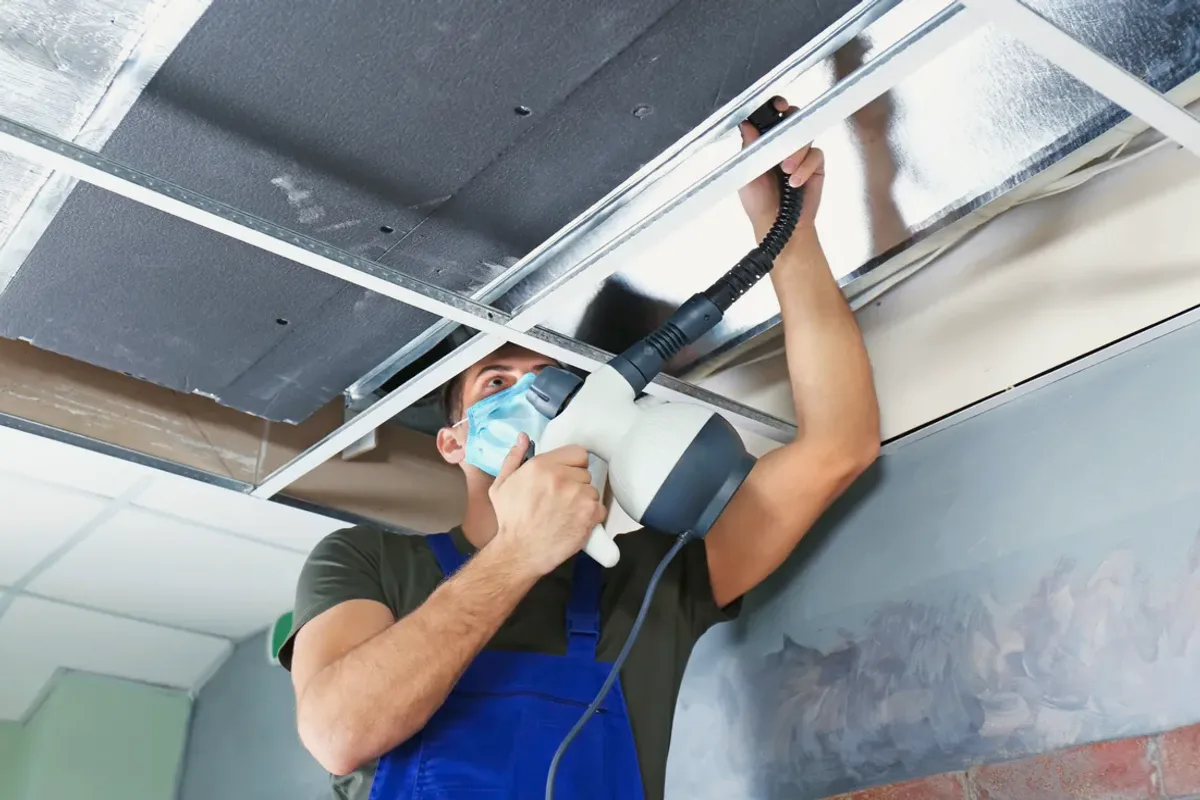 Worker in a mask cleaning a ceiling air duct with a handheld tool
