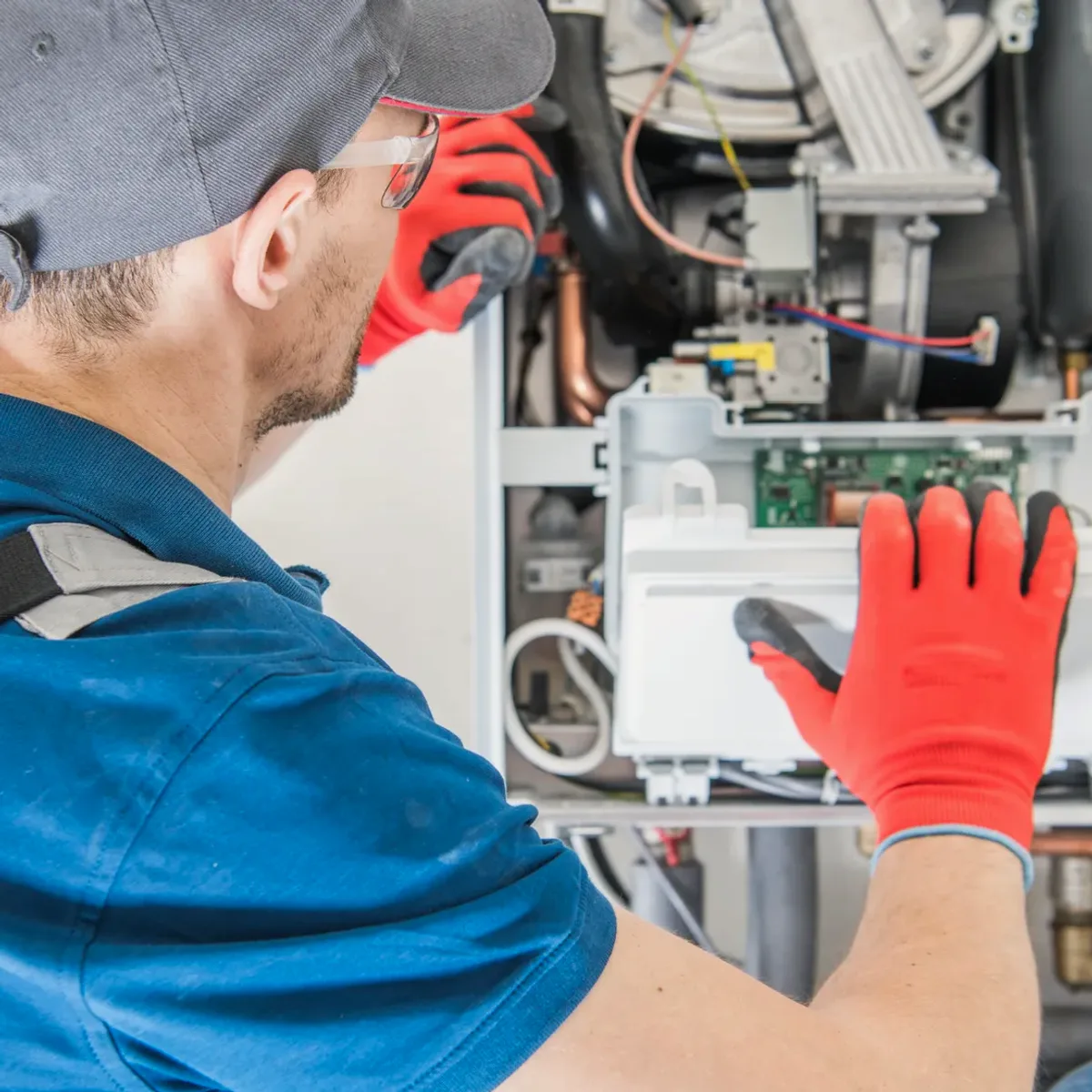 Technician in red gloves servicing a boiler's controls